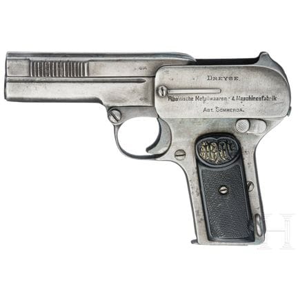 德莱塞1907型  
口径7.65毫米布朗宁，编号197337，编号一致。枪管近乎光亮。 七发弹匣。