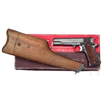 一款Star MMS型手枪，配有肩托和弹匣  
口径7.63毫米毛瑟，编号1173458，光面枪管，