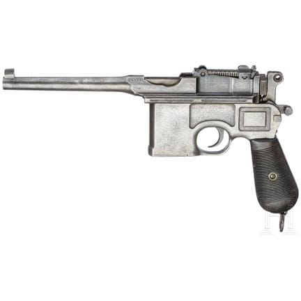 一支毛瑟Mod. C 96“战前商用型”  
口径7.63毫米毛瑟，编号341008，编号一致。枪管