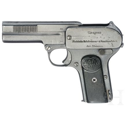 德莱塞1907型  
口径7.65毫米布朗宁，编号107214，编号一致。哑光枪管，长度3½英寸。七