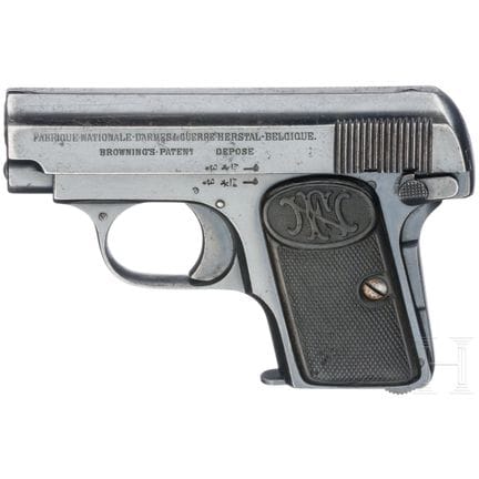 FN 1906型  
口径6.35毫米布朗宁，编号197516，编号一致。光面枪管，长55毫米。六发