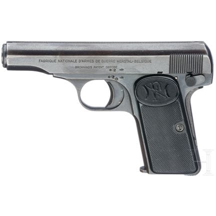 FN Mod. 1910  
口径 7.65 毫米布朗宁，编号 533645，编号一致。光面枪管，长