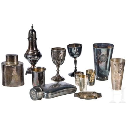 Eleven silver objects—cups, liquor bottles, 19th–2