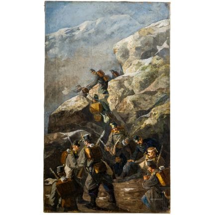 1878年，奥地利军队在波斯尼亚山区作战  
布面油画。一幅高长画幅的作品，描绘了在多岩石地形中的一