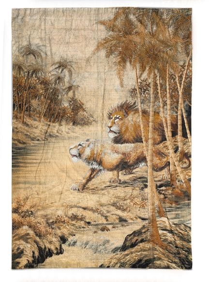 Tenture brodée aux lions, Japon, vers 1930, étamin