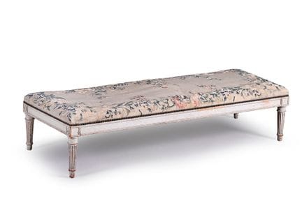 Carved, molded, and gray-lacquered wooden bench. T
