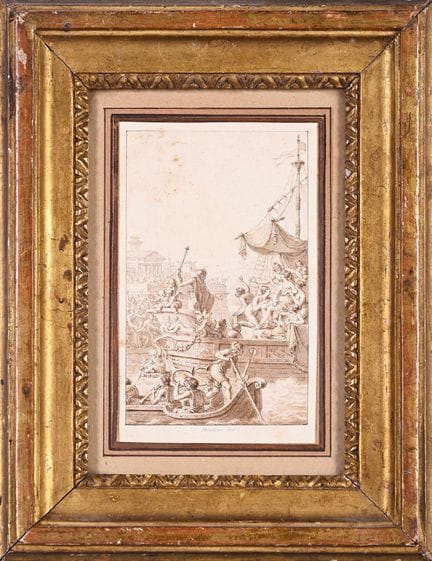 尼古拉-安德烈·蒙西奥（巴黎，1754年—1837年） 一幅描绘古风海军仪式的插图草图 羽毛笔与棕色