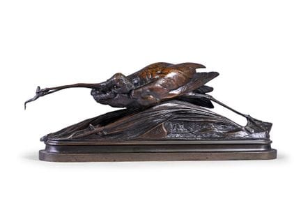 奥古斯特·凯恩（1821-1894）《蹲蛙的涉水鸟》 带棕色锈迹的青铜雕塑，古铸铁，底座上带有签名 