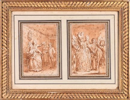 归因于路易·比内（巴黎 1744 – 1800） 两幅装裱画，每幅包含两幅小插图，均为风俗场景 钢笔