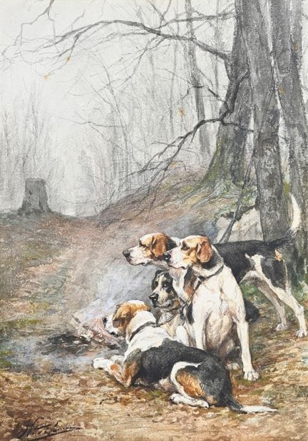 查尔斯·奥利维尔·德·彭纳（1831-1897）《篝火旁的猎犬驿站》 水粉水彩画，左下角署名 48 