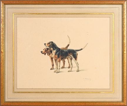 查尔斯·费迪南德·德·孔达米（1847-1913）《一对猎犬》水粉水彩画，右下角署名，24 x 31