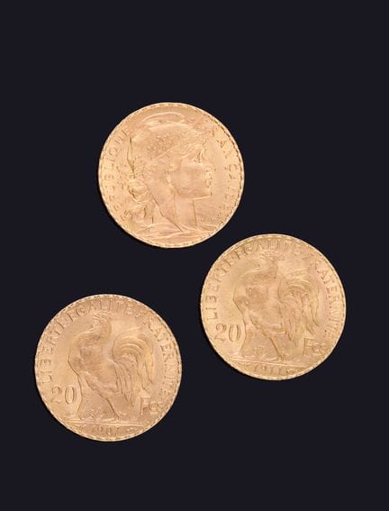 Drei 20-Franken-Münzen aus 900er Gold, zwei aus de