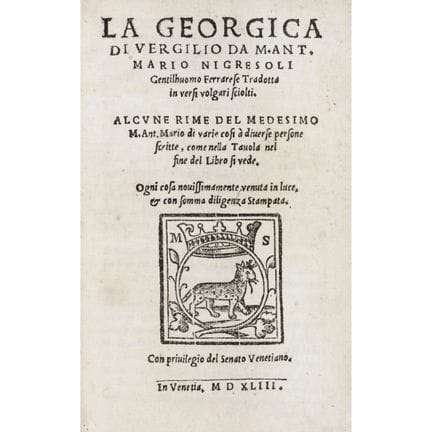 Virgil. The Georgics. Venice, Sessa, 1543. A rare 