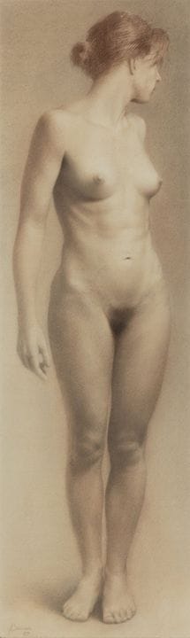 阿尔多·巴哈蒙德（智利圣地亚哥，1963年）。

《女性裸体》，1989年。

纸本铅笔画。

署名
