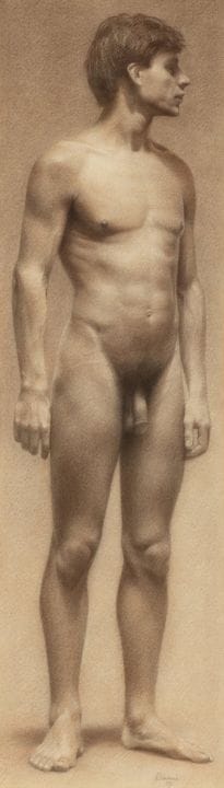 阿尔多·巴哈蒙德（智利圣地亚哥，1963年）。

《男性裸体》，1989年。

纸本铅笔画。

署名
