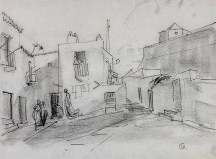 莱斯利·格里姆斯（英国，1897–1983）。

《城市风光》。

纸本炭笔画。

右下角署有姓名首