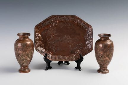 Set of tray and two vases; Japan, Meiji period, c.