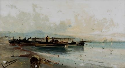 何塞·纳瓦罗·略伦斯（瓦伦西亚，1867–1923）

《海景》。

乳白纸上油画。

左下角有签名