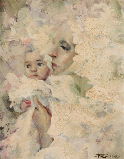 何塞·罗约（瓦伦西亚，1945年）。

《母性》。

Tablex板上油画。

右下角有签名。

尺