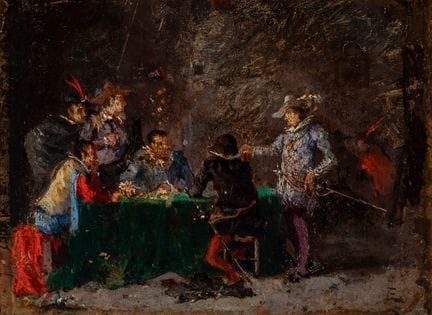 西班牙画派，19世纪。

《打牌的人》。

铜板油画。

尺寸：9 × 12 厘米，29 × 33 