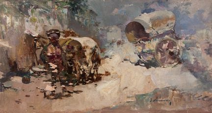 何塞·纳瓦罗·略伦斯（瓦伦西亚，1867–1923）

《商队》。

木板油画。

右下角有签名。
