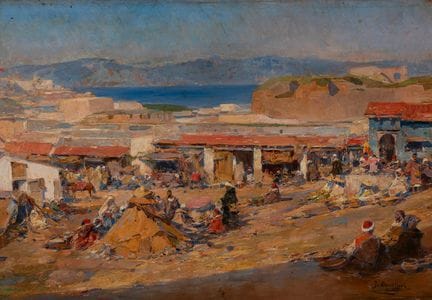 何塞·本利乌雷·吉尔（瓦伦西亚，1855–1937）。

《摩洛哥村庄》。

木板油画。

右下角有