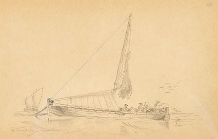 里卡多·韦尔杜戈·兰迪（马拉加，1871年—马德里，1930年）。

《渔船》。

纸本铅笔画。

