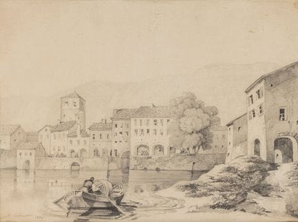欧洲画派，19世纪中叶。

《河景与村庄》，1852年。

纸本铅笔画。

左下角有签名（字迹难以辨