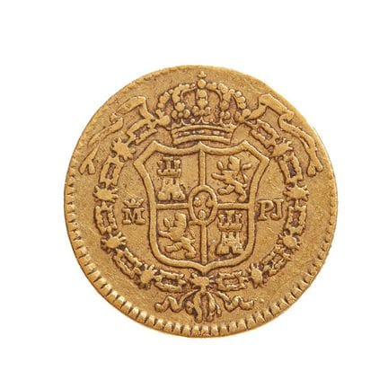 查理三世1埃斯库多硬币，1772年，马德里铸造。

黄金。

重量：1.73格拉。

验金师：PJ。