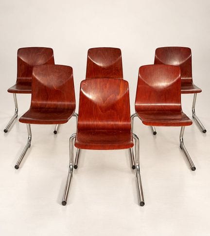六把椅子一套；THUR-OP-SEAT / PAGHOLZ；德国，1960年代。 

镀铬钢管与贴有