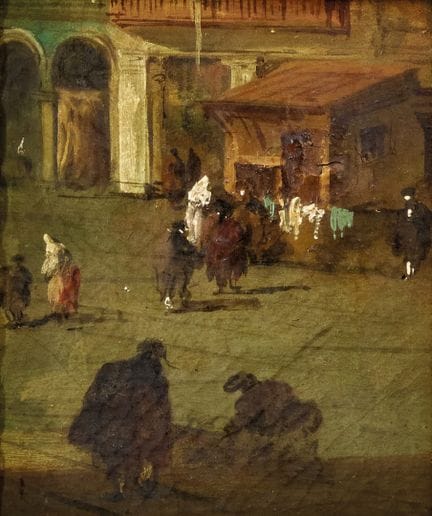 19世纪威尼托画派 威尼斯集市场景双联画——纸板油画。18.00 × 15.50 厘米，带画框。（2