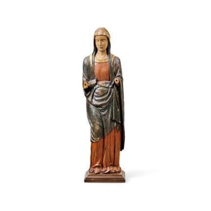 16世纪意大利画派《圣母玛利亚》——木雕，彩绘。有缺损、漆面磨损及修复痕迹。135.00 × 37.