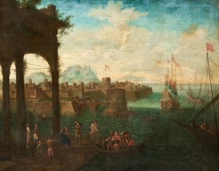 《十七世纪学校景观：港口与废墟》——布面油画。98.50 × 124.00 厘米，已装裱。