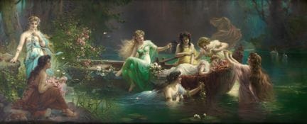 汉斯·扎茨卡（HANS ZATZKA）1859-1945 《水仙女》（NAIADI）——水彩版画。4