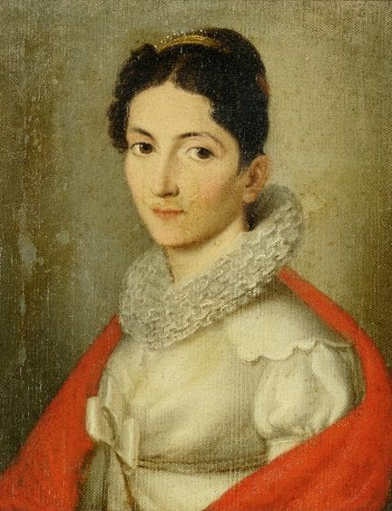 19世纪画派 女士肖像画——布面油画。18.00 × 14.00 厘米，带画框。