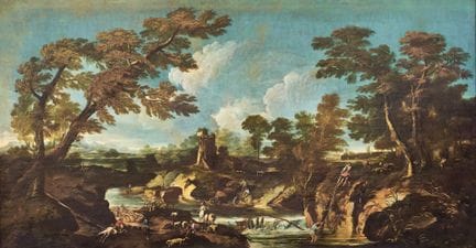 18世纪画派 废墟与河流风景画——布面油画。265.00 × 138.00 厘米，已装裱。