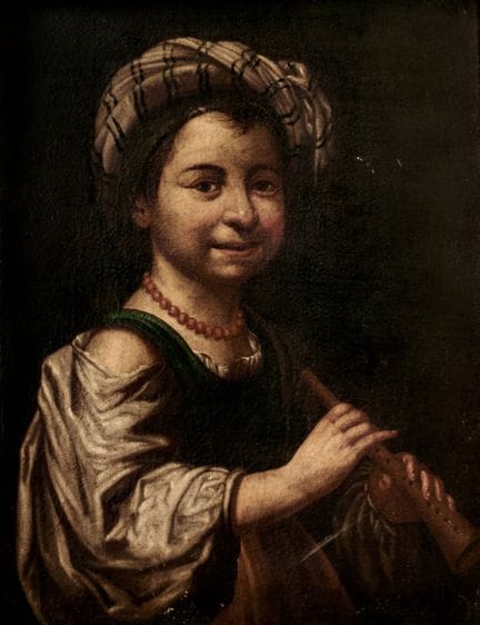 17世纪罗马画派《吹笛少女》——布面油画。65.00 × 51.00 厘米，带画框。