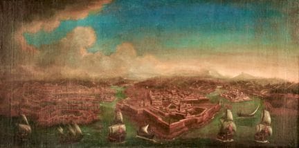 18世纪意大利北方画派 马耳他港——布面油画。26.50 × 67.00 厘米，已装裱。