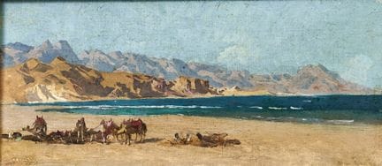 阿尔贝托·帕西尼 1826-1899 《海滩上的商队》——布面油画。15.00 × 35.00 厘米