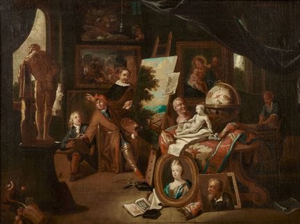 归因于冈萨雷斯·科克斯（1614-1684）的《画家的画室》——布面油画。64.00 × 86.50