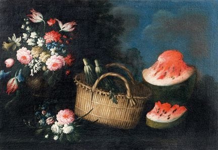 《花卉、蔬菜与西瓜静物画》——花卉、蔬菜与西瓜静物画 布面油画。65.00 × 94.00 厘米 已