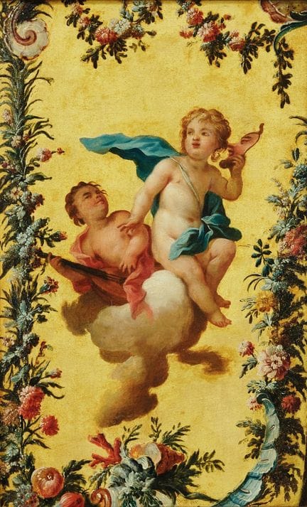 18世纪那不勒斯画派，费代莱·菲斯凯蒂画圈作品：一幅描绘欢庆天使的双联画——木板油画。42.40 ×