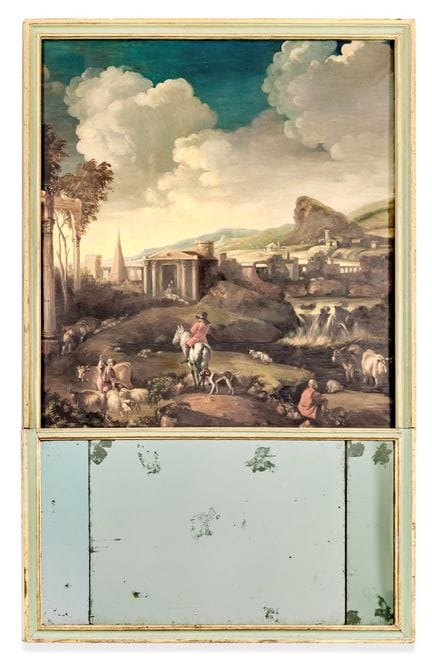 18-19世纪壁炉柜——漆面及镀金木质，下部镶有镜面，上部为木板油画，描绘了旅人与废墟的场景。可见岁