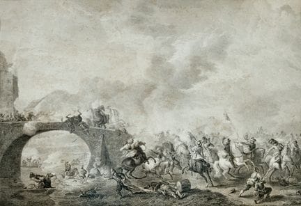 SATZ VON DREI DRUCKEN MIT SCHLACHTSZENEN – Radieru