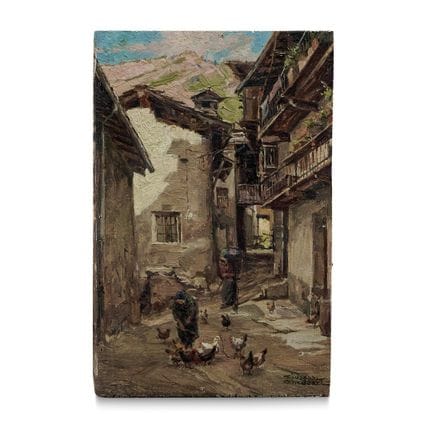 BERGDORF – Bergdorf. Öl auf Holztafel. 24,00 x 18,