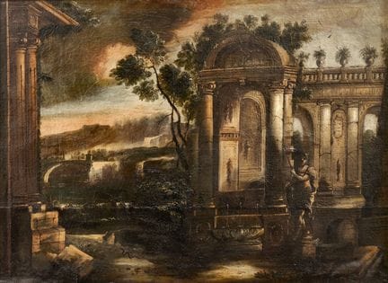 ESCUELA DEL SIGLO XVIII. PAISAJE CON RUINAS - Óleo