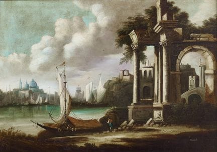 FRANCESCO TORRICELLI, PAISAJE CON RUINAS - Óleo so