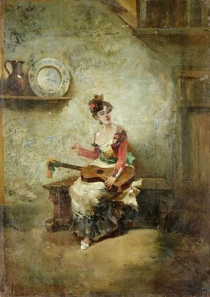 BENEYTO MILLARES, MUJER CON GUITARRA - Óleo sobre 