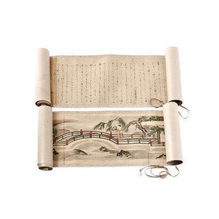 两幅日本画作，19-20世纪——纸本水墨彩绘，均为横幅卷轴（emakimono）形式，两幅均描绘了人
