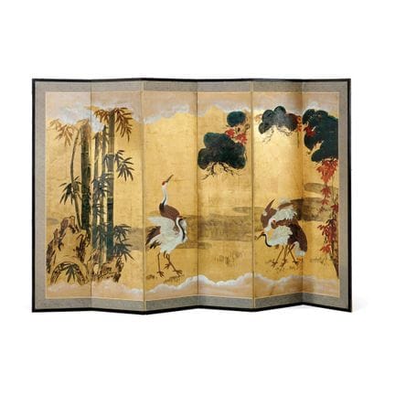 日本折叠屏风，19世纪 - 纸本水墨、彩绘及金箔，六扇折叠屏风，织物边框，木质骨架及金属配件，画面描